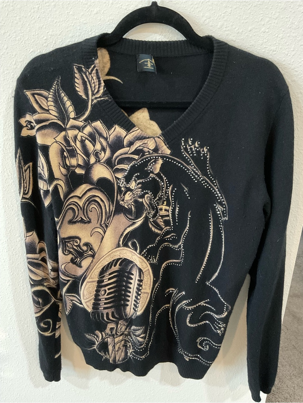 Christian Audigier Black V-Neck Sweater with Tan Graphic
